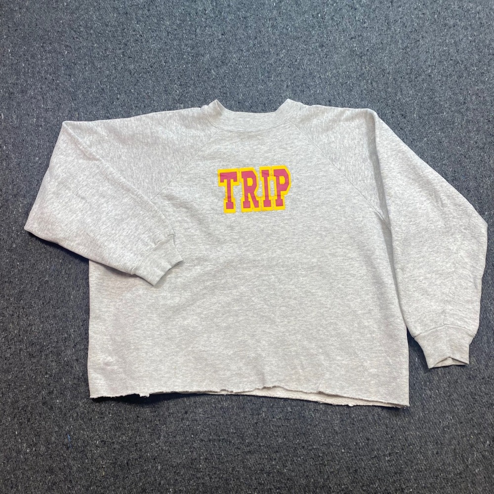 Hanes Her Way Trip Sweatshirt Sz XL Womens Grey Grunge Psychedelic Raw Hem Crop